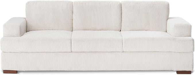 VanAcc 89in Comfy Couch 3 Seater Sofa with Wood Legs Deep Seat Sofa- White Corduroy Modern Couch for Living Room