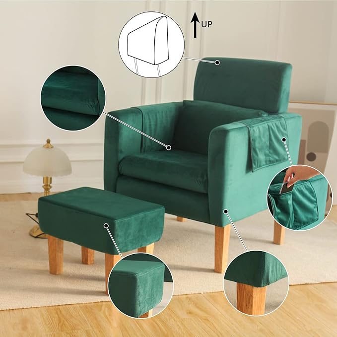 TAKUKA Modern Accent Chair with Ottoman SetComfy Velvet Fabric Armchair with Footrest Upholstered Chair with Side Pocket Soft Reading Lounge Chair for Living RoomBedroomOffice (Velvet Green)