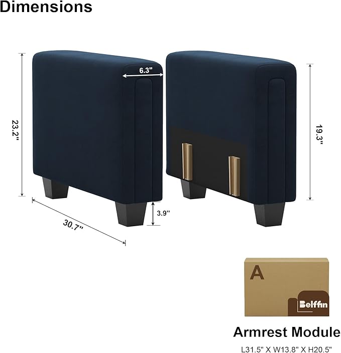 Belffin Velvet Armrest Module for Modular Sectional Sofa Couch Side Armrest for Sectional Modular Couch Blue