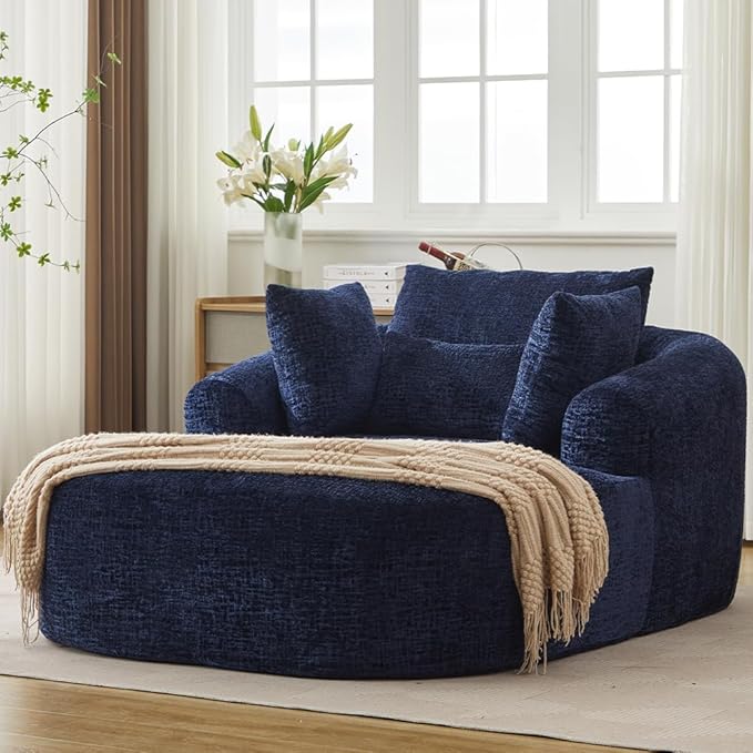 65.7 Oversized Chaise Longue Chair Indoor Modern Upholstered Corduroy Deep Seat Sofa Bed with Throw Pillows and Armrests Sleeper Sofa Couch for Living Room (Blue)