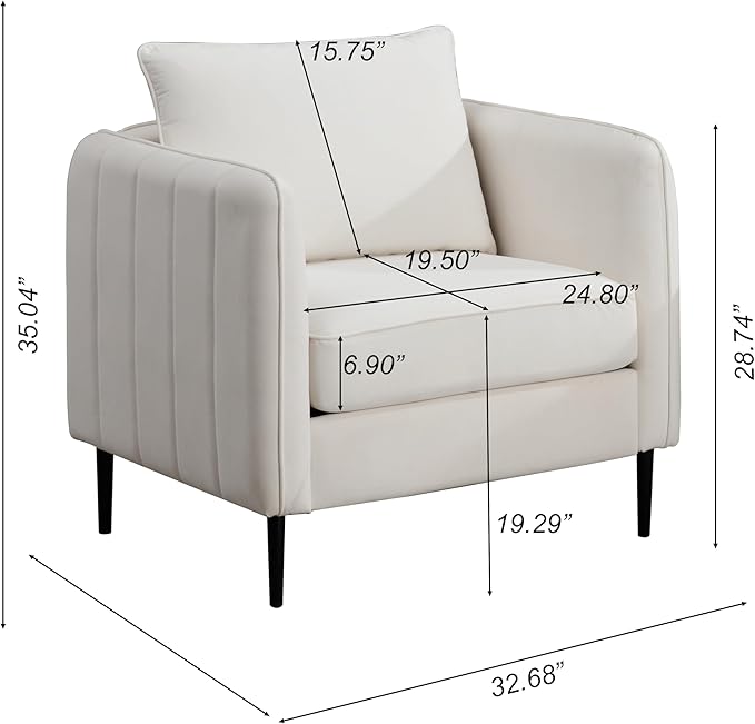 KEIKI Accent Chair for Living Room Velvet Single Sofa Chair with 1 Pillow Comfy Cloud Chair for Bedroom Office and Reading Metal Legs Soft Modern Design Ivory