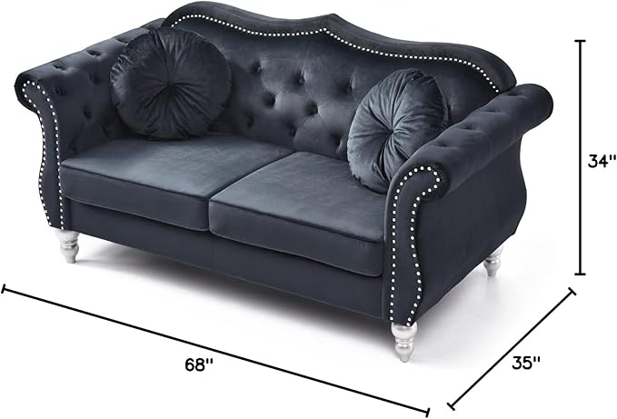 Velvet Loveseat 68 Wide Dark Gray - Hollywood Regency Style Sofa Black