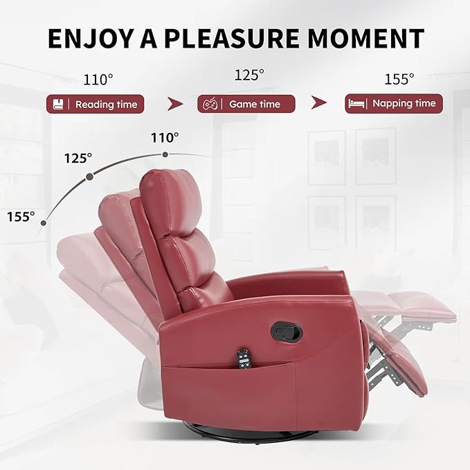 Swivel Recliner with Heat and Massage Rocker Recliner Chair for Living RoomGlider Recliner Nursery Chair with Black Metal Base/Adjustable Backrest and Footrest (PU Leather Red)