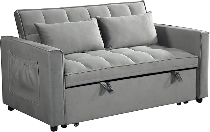 Sleeper Sofa Velvet Pull Out Sofa Bed Convertible Sofas Adjustable Backrest Pullout Loveseat Sofa Couch Side Pocket for Living RoomOfficeSmall SpaceGrey