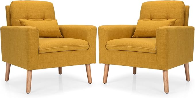 Giantex Modern Accent Chair Set of 2 Upholstered Linen Fabric Single Sofa Armchair with Pillow Max Load 330lbs Mid Century Modern Living Room Chair for Bedroom (Yellow)