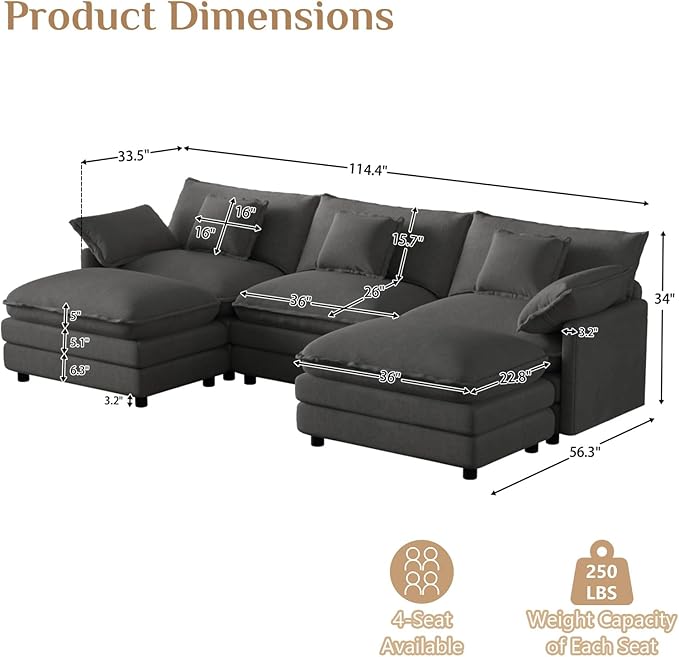 114 U Shaped Cloud Couch Sectionals Oversized Sectional Couches for Living Room Modular Couch Large Velvet Cloud Sofa with Movable Ottoman Grey