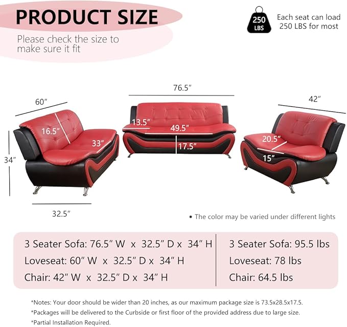 Leather Lovesat Sofa Couch Loveseat Sofa for Living Room Furniture Set 2 Seater Sofa with Metal Legs for Living Room/Bedroom/Office Black &amp Red