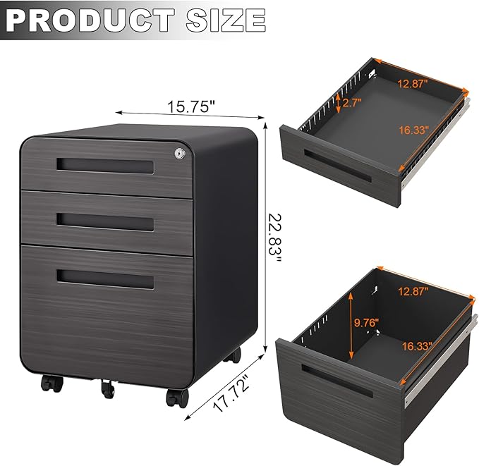 3 Drawer Mobile File Cabinet with Lock Under Desk Metal Filing Cabinet for Home Office Assembled Removable Under Desk Storage with Wheels for A4-Size/Letter-Size/Legal-Size (Light Gray)