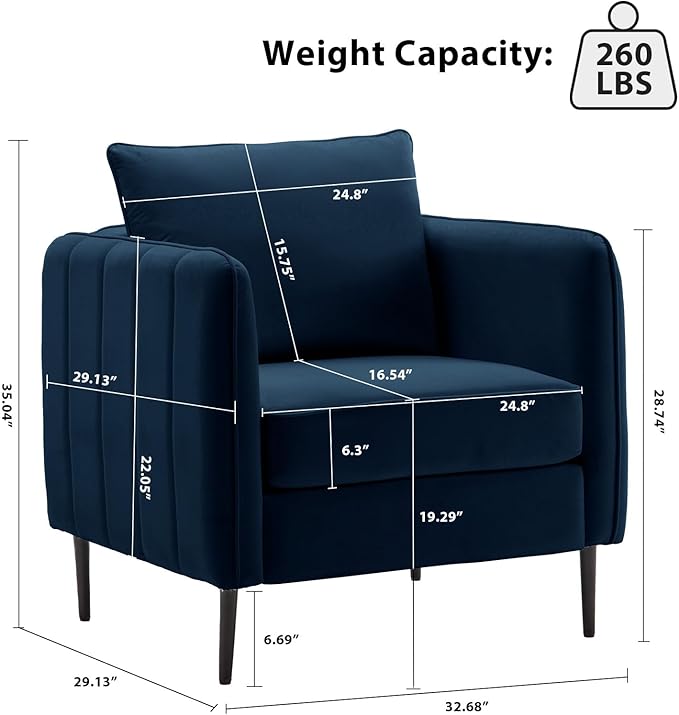 Modern Velvet Accent Chair Single Sofa Chairs Armchair with Square Arm Upholstered Accent Chairs for Living Room Bedroom Apartment (Navy Chair)