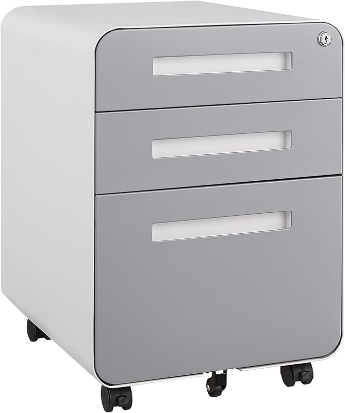 Office Pedestal File Cabinet: Lockable Compact Storage Solution for Home Office - Under Desk Cabinet with Removable Pencil Tray Hanging Bar and 5 Utility Wheels (White+Gray)
