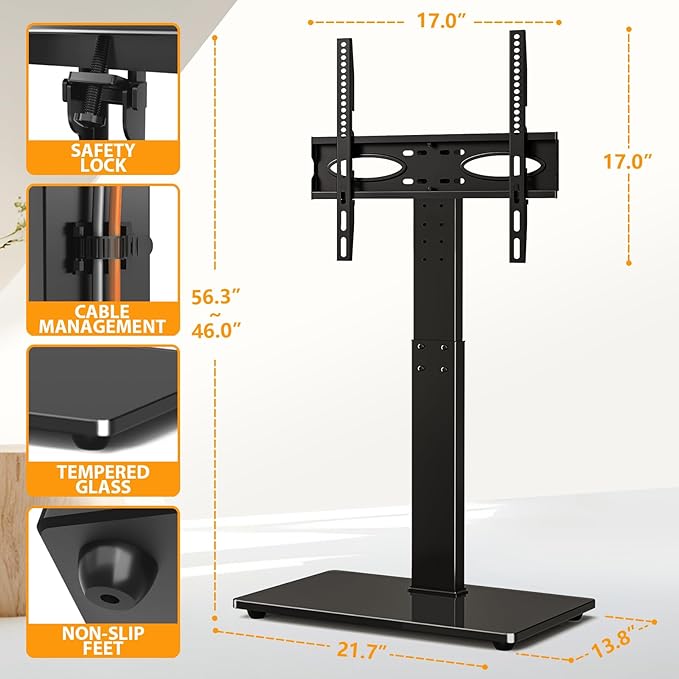 TAVR Universal Floor TV Stand Base for 32-75 Inch TVs up to 110 Lbs with Swivel Height Adjustable Mount Black Tempered Glass Base for Media Storage and Space Saving