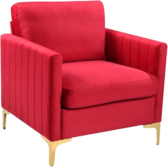 Velvet Accent Chairs Modern Accent Chairs with Gold Metal Legs Upholstered Reading Armchair Small Sofa Chair for Living Room Bedroom Office (Rose Red)