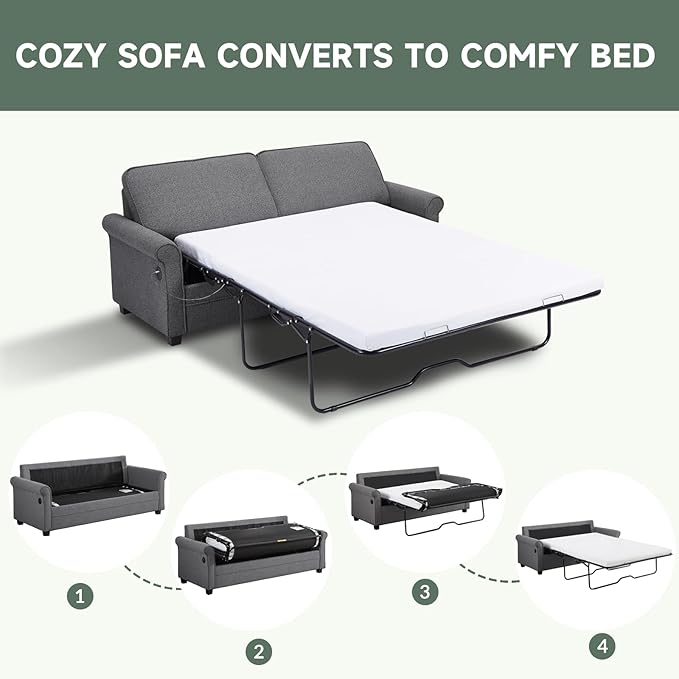 ONBRILL Pull Out Sofa Bed 2-in-1 Full Size Convertible Sleeper Sofa Couch with Pull Out Bed USB Charging Port Hide a Mattress with Menmory Foam Loveseat Couch for Living Room Dark Grey