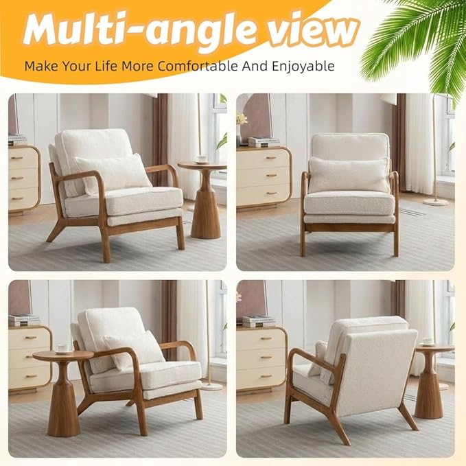 Mid-Century Modern Accent Chair Lounge Reading Armchair with Comfy Cushion &amp Lumbar Pillow &amp Solid Wood Frame for Living RoomBedroomGuest RoomSherpa FabricCreamWhite
