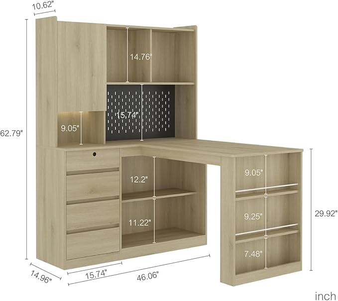 Anwick L Shaped Desk with Hutch Corner Computer Desk with Charging Station &amp Bookshelf &amp File Drawer Standing L Shape Desks for Home Office Bedroom Gaming Room Study Room (Wood)