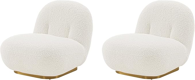 Manhattan Comfort Edina Modern Accent Chairs in Luxurious Boucle Upholstery with High Density Foam Padding &amp Wood Frame with Gold Metal Base Living Room Seating Set of 2 White