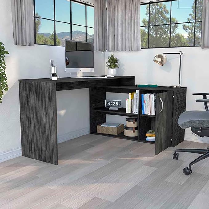 Modern L-Shaped Computer Desk Home Office Desk with Open &amp Closed Storage -Smokey Oak for Study and Home Office