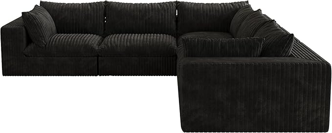 118.2 Modern V Shaped Corner Sofa Comfy Modular Sectional Cloud Couch with Plush Corduroy Fabric Deep Seat Upholstered Sofa Fluffy Boneless Couches for Living Room No Assembly (Black)