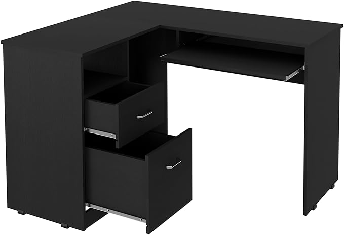 Black L-Shaped Desk with Keyboard Shelf - Modern Home Office Computer Desk