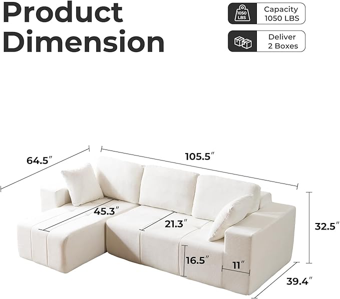 105 Cloud Modular Sectional CouchChenille Boneless Couches with Deep SeatUpholstered L-Shape Sofa with Chaise Sectional Couch for Living Room No Assembly Required (Beige Left Facing Chaise)