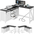 L Shaped Desk with Drawers Farmhouse Executive Wood Home Office Desk with Power Outlet Rustic Reversible Computer Desk with Storage Cabinet with Double Sliding Barn Door and Adjustable Shelves