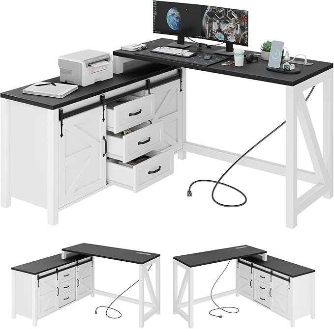 L Shaped Desk with Drawers Farmhouse Executive Wood Home Office Desk with Power Outlet Rustic Reversible Computer Desk with Storage Cabinet with Double Sliding Barn Door and Adjustable Shelves