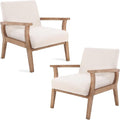 Mid Century Modern Accent Chairs Set of 2 Linen Upholstered Armchairs Comfy Living Room Chairs Single Fabric Lounge Chairs Reading Chairs with Natural Solid Wood Frame Beige