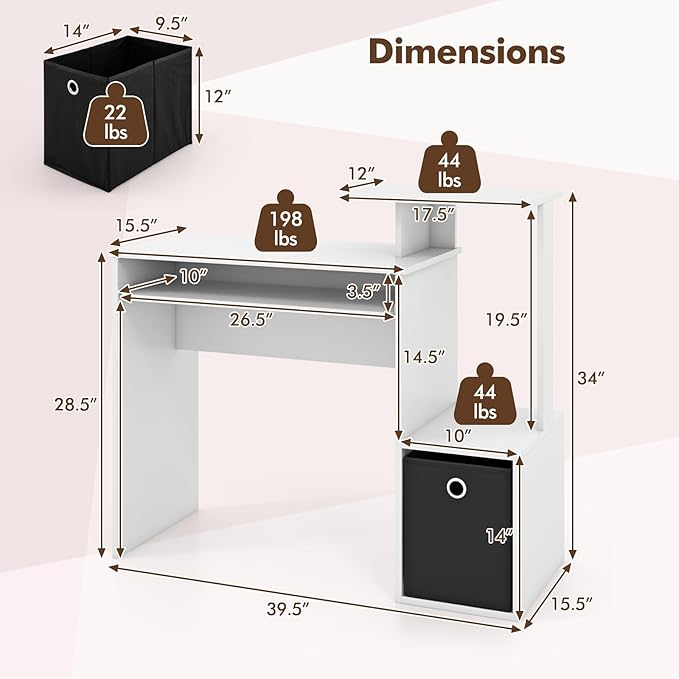 Computer Desk with Drawer 39.5’’ Writing Desk with Storage Shelf Keyboard Tray Study Table for Kids Rooms Wood Vanity Makeup Table Small Desk for Bedroom Living Room Home Office (White)