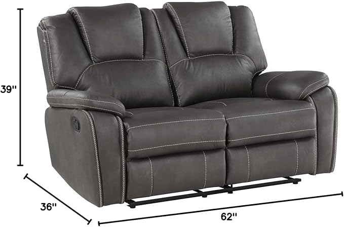 Steve Silver Katrine Charcoal PU Manual Love Seats Two Built-in Recliners Luxurious Padded Charcoal Faux-Leather Baseball Stitching 62 L x 36 W x 39 H Grey