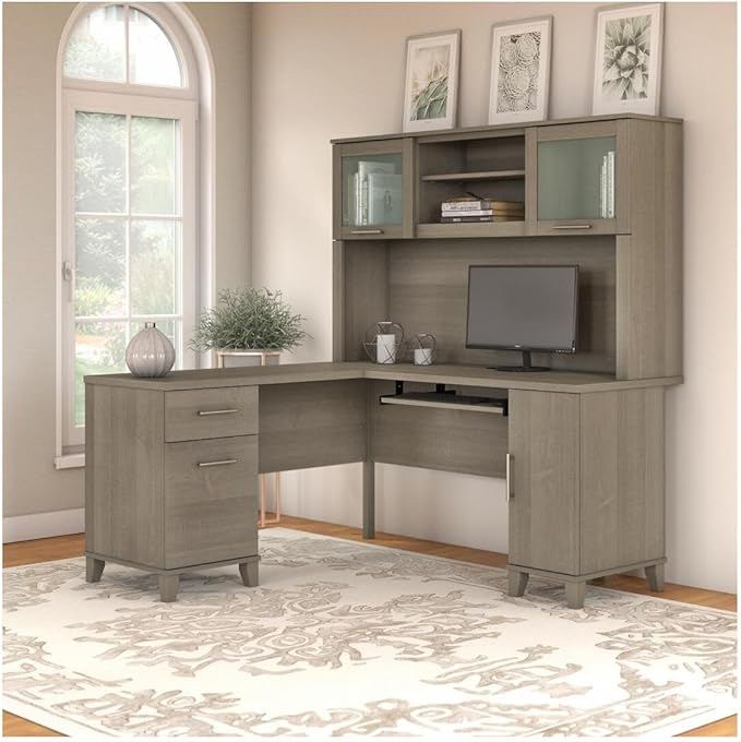 Bush Home Somerset 60W L Shaped Desk with Hutch in Ash Gray