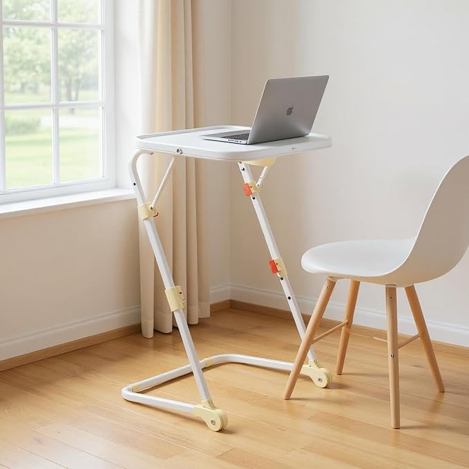 Homy Casa Adjustable Z Shaped Study Desk with Cup Holder Space Saving Portable Laptop Foldable Table for Home Office Living Room &amp Bedroom Sturdy Metal Frame &amp PP Top White