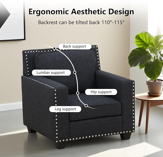 Mid Century Fabric Accent Chair with Arm Rest and Cooper Nail Modern Linen Armchair with High-Density Foam Cushion Comfy Sofa Couch for Small Place/Dorm/Cafe Living Room Couch Set(Black-LinenChair)