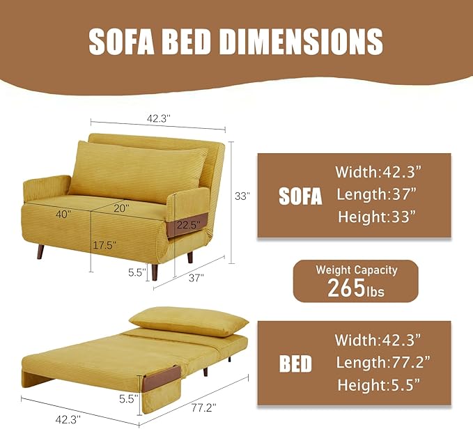 3 in 1 Sleeper Chair Bed Foldable Convertible Chair with Armrest Thickened Cushion and Sponge Corduroy Fabric Adjustable Backrest Upholstered Accent Sofa for Apartment/Bedroom/Office - Yellow