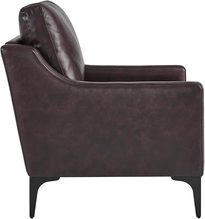 Pemberly Row Modern Leather and Metal Armchair 33.5 in H x 28 in W x 32 in D Brown Finish Upholstered Accent Chair with Spring Coil Support Mid-Century Style for Living Room or Home Office Use
