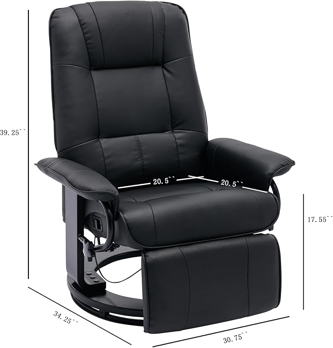 Faux Leather Manual ReclinerAdjustable Swivel Lounge Chair with FootrestCan Rotate 360 DegreesL-Right Angle Curved Wooden Frame Armrest and Wrapped Wood Base for Living RoomBlack