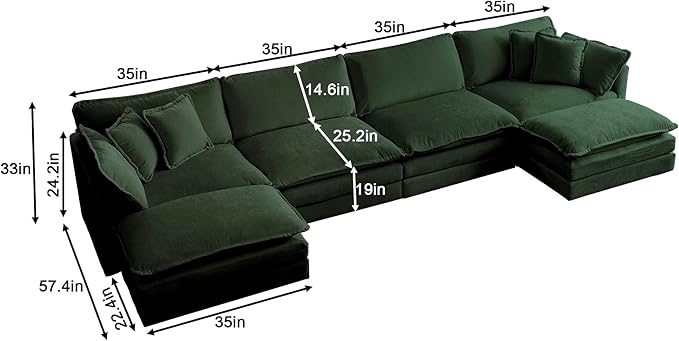 146.5 Chenille Modular Sectional Sofa Comfy Cloud Couch Sectional Sofa Modern 4 Seat Deep Seat Couch for Living Room Bedroom Apartment (Green 146.5Inch-U Shape)