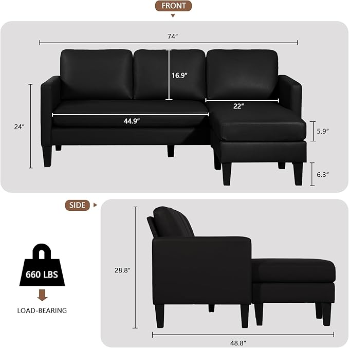 LEISU L Shaped Leather Sectional Sofa with Chaise for Small SpaceLiving Rooms Convertible CouchModern Modular Furniture Sets Suitable for HomeApartmentsDormBonus Living Room(Black)