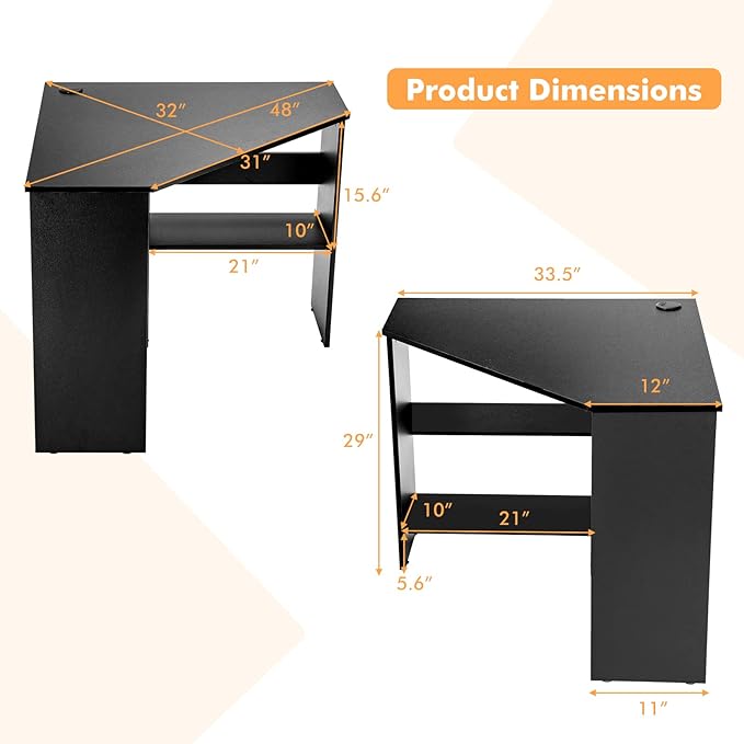 Small Corner Desk Space-Saving Corner Workstation with Storage Shelves &amp CPU Stand 90 Degree Triangle Makeup Vanity Desk Wood Corner Computer Desk for Small Space (Black)