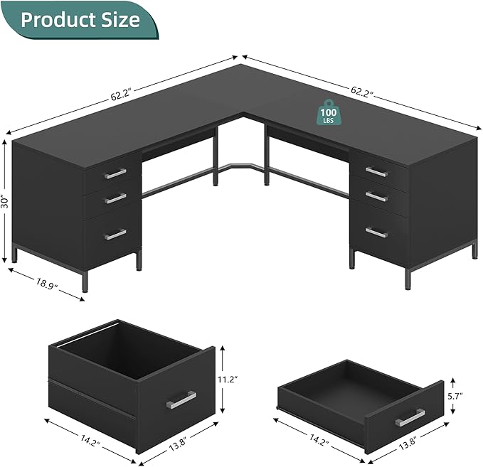 TVU 59’‘ L Shaped Desk with 6 Wood Drawers Large Home Office Corner Computer Desk with Storage File Cabinet Modern Metal Wood Desk for Executive Writing Study Workstation Black