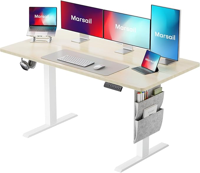 Marsail Standing Desk Adjustable Height Electric Standing Desk with Storage Bag Stand up Desk for Home Office Computer Desk Memory Preset with Headphone Hook 55 * 24 Inch Maple (TZESD8N)