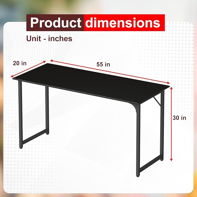 Bigacc Computer Desk Office Desk with Metal Frame Adjustable Feet | Water-Resistant Scratchproof Surface | Sturdy Writing Table for Home Office or Study (Black 55 Inch)