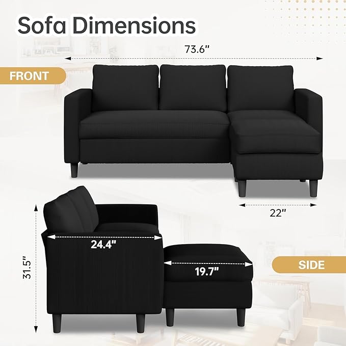 JAMFLY 3-Seat Reversible L-Shaped Sectional Sofa with Convertible Ottoman Modern Upholstered Fabric Couch for Small Living Rooms Apartments &amp Studios Black