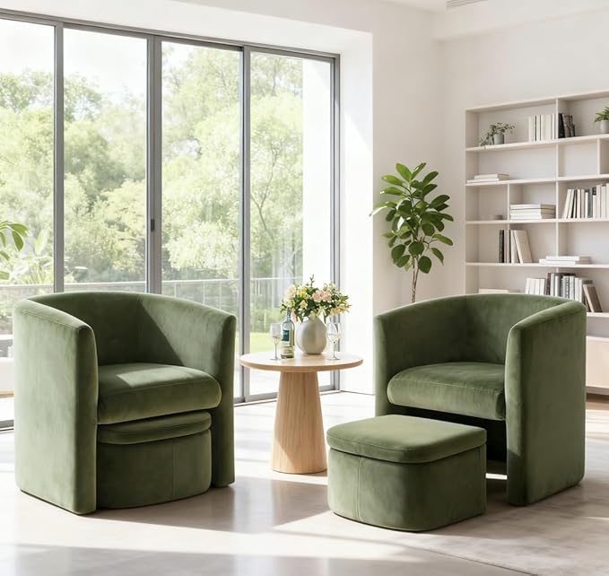 Mid-Century Velvet Living Room Chair with Storage Ottoman Space-Saving Accent Chairs for Bedroom/Reading Spaces/Office Green