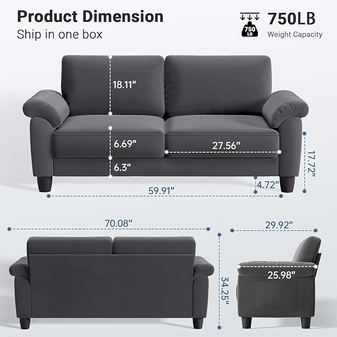 Vesgantti 70 Living Room Couch Sofa Mid Century Modern Loveseat Velvet Deep Couches for Small Spaces Bedroom Apartment Office Removable Sofa Cover Spring Cushions Easy to Install Grey