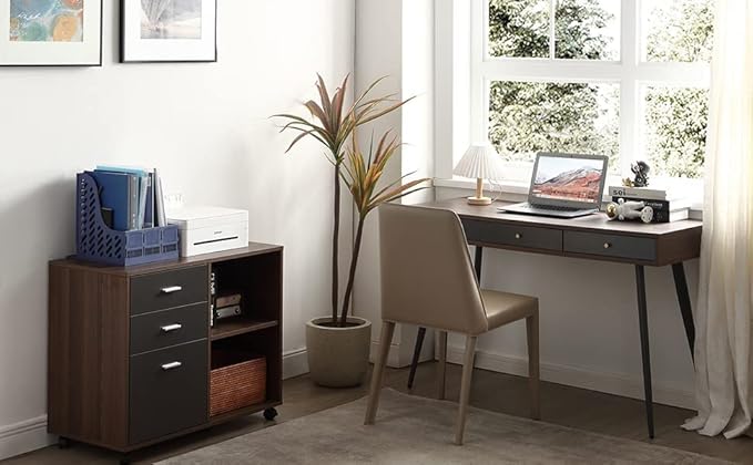 kevinplus Mid-Century Modern Desk for Home Office Bedroom Small Computer Desk Writing Desk with 3 Storage Drawers Metal Legs Walnut &amp Dark Grey