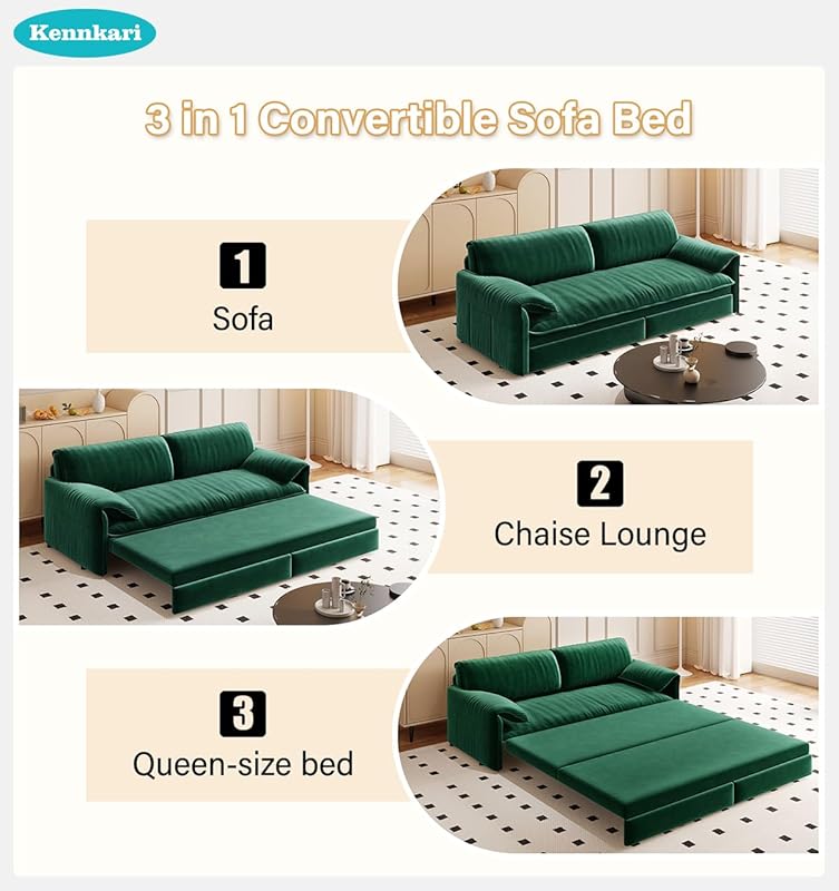 66 Queen Size 3-in-1 Convertible Pull Out Sofa Bed with Side Storage for Small Spaces Multi-Functional Velvet Sleeper Sofa with Wheels for Living Room and Bedroom (Green)