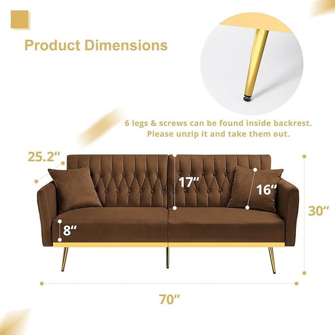 2 Pieces Velvet Sofa Set with Adjustable Armrest and Backrest 70” Convertible Futon Sofa Bed &amp Mordern Accent Chair with Ottoman for Living Room Bedroom Brown