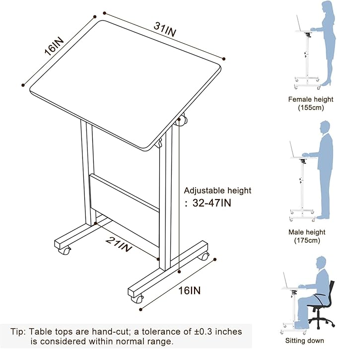 KOUPA Adjustable Height Standing Desk Writable Tempered Glass Desktop with Eraser 360° Flip Wheels – Ideal for Small Spaces and Home Offices 31 in White(Adjustable Height: 32-47 in)