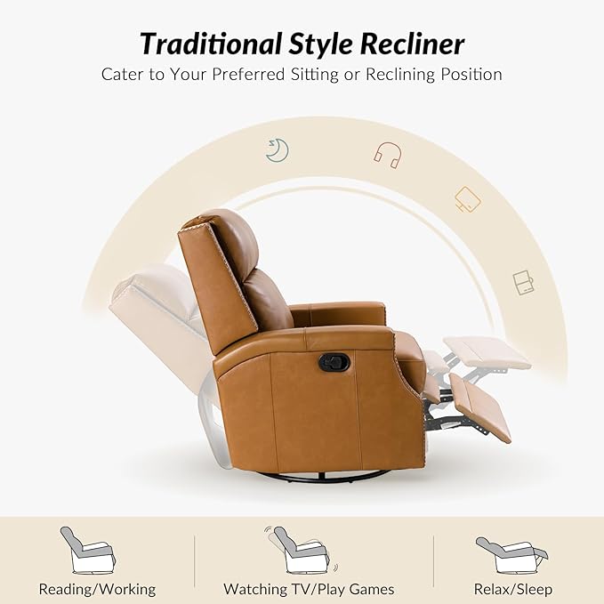 HULALA Home Genuine Leather Swivel Rocker Recliner Modern Manual Glider Recliner Chair with Adjustable Backrest &amp Footrest360 Degree Swivel Home Theater Sofa Armchair for Living Room Bedroom Ca