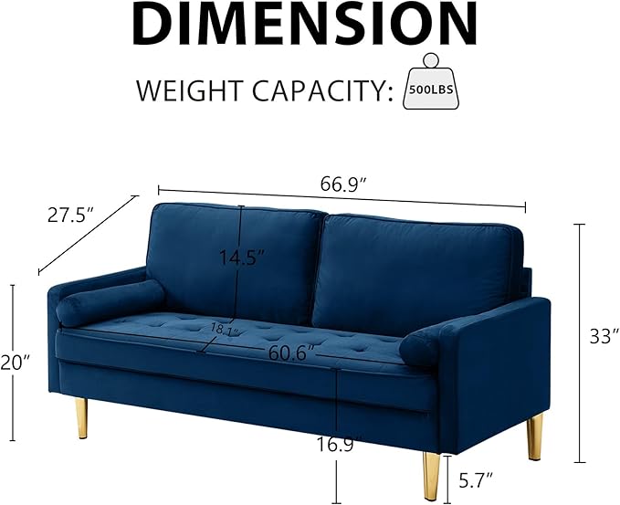 66.9“ Loveseat SofaModern Velvet Small CouchButton Tufted Upholstered Furnituremini CouchSmall loveseat with 2 PillowsSuitable for Living Room Bedroom Apartment. (Blue)